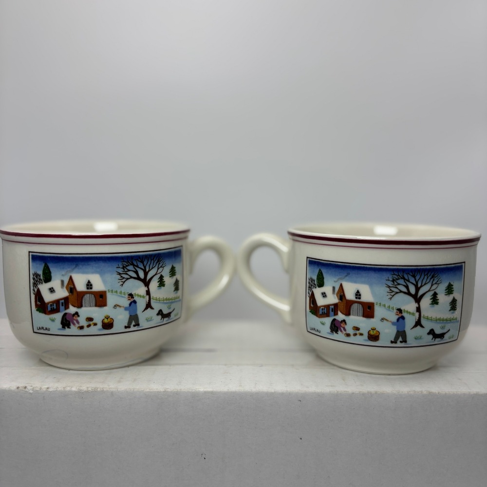 Villeroy & Boch Naif Christmas Cups Set of 2 Winter Scene Porcelain EUC